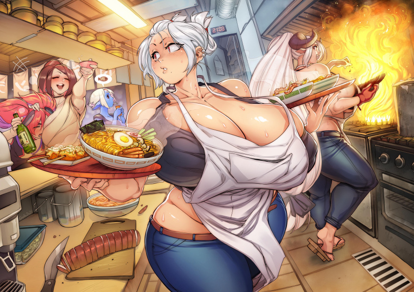 5girls absurdres alcohol apron bare_shoulders belt blue_skin blush bottle bowl breasts brown_belt brown_hair character_request cleavage closed_eyes collarbone colored_skin commission cooking crop_top cup curvy cutting_board denim ear_piercing fire folded_ponytail food gofa hanako_(debauncheryninja) high_ponytail highres holding holding_tray horns huge_breasts indoors juice_box kitchen kitchen_range knife looking_to_the_side mole mole_under_mouth multiple_girls noodles open_mouth original parted_lips piercing pink_hair pot ramen restaurant sakazuki sake sideboob sidelocks standing stove sweat thick_thighs thighs tray white_apron white_hair yakisoba