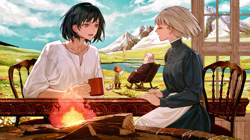 2girls 3others aged_up animal apron black_hair blonde_hair blue_eyes canine chair closed_eyes cloud cloudy_sky collarbone commentary cup day denn_(naluse_flow) fire firewood grass heen highres holding holding_cup howl_(howl_no_ugoku_shiro) howl_no_ugoku_shiro lolicon long_sleeves looking_at_another markl mountain mountainous_horizon multiple_girls multiple_others open_mouth outdoors plain pool prince_justin rocking_chair shirt short_hair sitting sky smile sophie_(howl_no_ugoku_shiro) symbol-only_commentary table waist_apron water waving white_shirt witch_of_the_waste wood