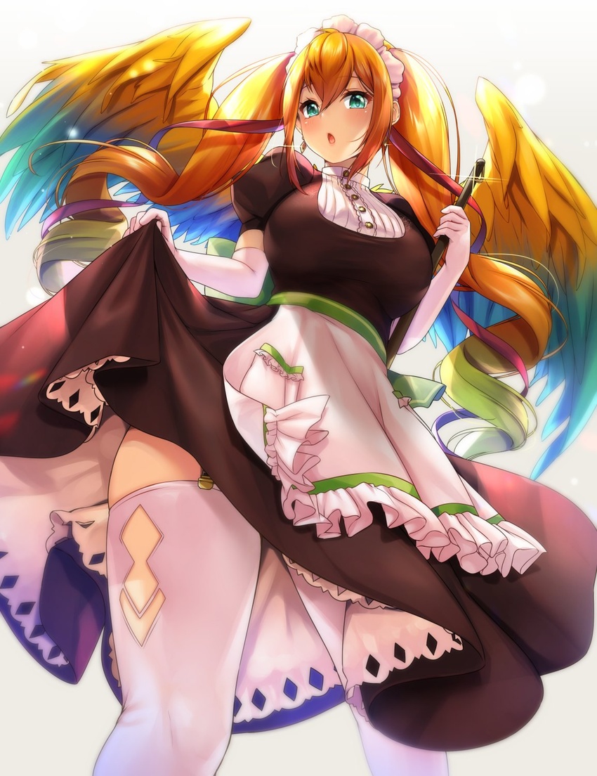 :o apron bad_id bad_twitter_id blush breasts broom dress drill_hair earrings elbow_gloves female from_below garter_straps gloves green_eyes hair_between_eyes hair_ribbon highres holding holding_broom jewelry leilan_(p&d) long_hair maid maid_headdress orange_hair puffy_short_sleeves puffy_sleeves puzzle_&_dragons ribbon short_sleeves sidelocks skirt_hold solo thighhighs twin_drills white_gloves white_thighhighs wings yuzutosen zettai_ryouiki