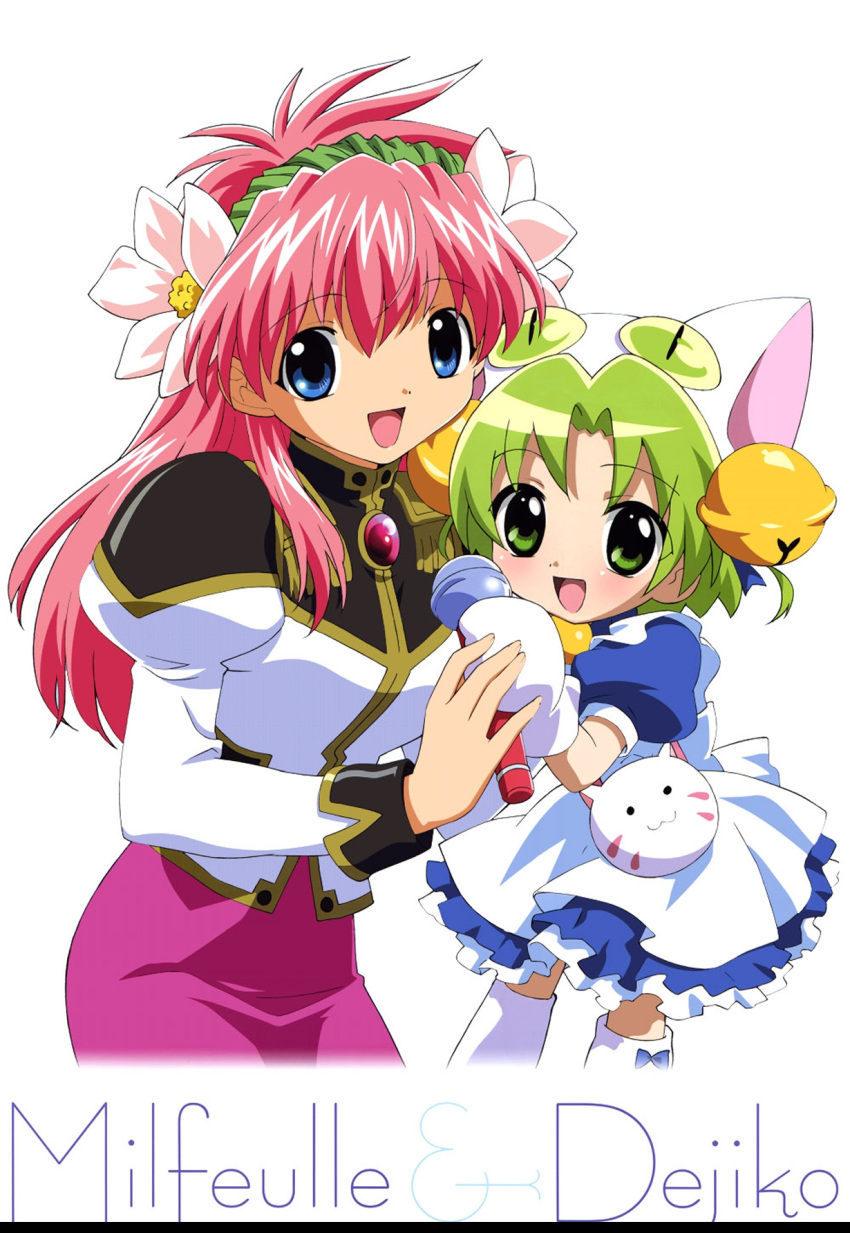 2girls animal_ears apron bell broccoli_(company) cat_ears character_name company_connection dejiko di_gi_charat flower galaxy_angel green_hair hair_flower hair_ornament highres jingle_bell long_hair maid maid_apron milfeulle_sakuraba multiple_girls official_art pink_hair ribbon short_hair source_request