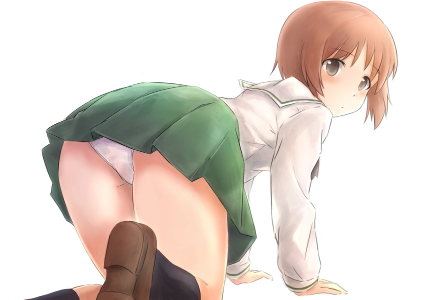 absurdres all_fours ass bad_id bad_pixiv_id black_neckerchief black_socks blouse blush brown_eyes brown_footwear brown_hair closed_mouth commentary ennui_orz female from_behind girls_und_panzer green_skirt highres long_sleeves looking_at_viewer looking_back miniskirt neckerchief nishizumi_miho ooarai_school_uniform panties pleated_skirt school_uniform serafuku shirt shoes short_hair simple_background skirt socks solo underwear white_background white_panties white_shirt