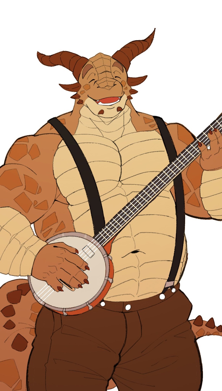 anthro banjo_(instrument) bottomwear closed_eyes clothed clothing dragon happy hi_res lhjal2 male muscular musical_instrument mythological_creature mythological_scalie mythology navel overweight overweight_male pants playing_music plucked_string_instrument scalie smile solo string_instrument tail topless