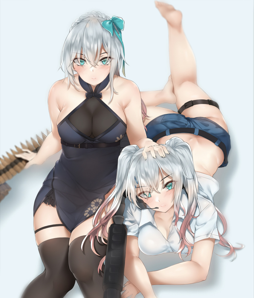 2girls ammunition_belt aqua_eyes bababababan bad_id bad_pixiv_id bare_shoulders barefoot blue_dress blush braid breasts bullet butt_crack cleavage closed_mouth collared_shirt commentary crossed_bangs crown_braid dress dual_persona girls'_frontline green_ribbons gun hair_between_eyes hair_ribbon halterneck hand_on_another's_hand highres long_hair looking_at_viewer lwmmg_(girls'_frontline) lwmmg_(golden_starthistle)_(girls'_frontline) lying microphone midriff multicolored_hair multiple_girls official_alternate_costume on_stomach ribbon rifle see-through shirt short_sleeves side_slit sitting smile streaked_hair thigh_strap thighhighs thighs twintails weapon white_hair white_shirt