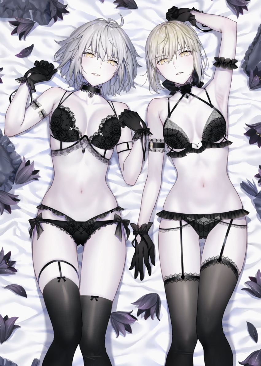 2girls ahoge arm_up armband artoria_pendragon_(fate) bare_shoulders black_bra black_flower black_panties black_thighhighs bra breasts center_opening choker cleavage collarbone commentary_request fate/grand_order fate/stay_night fate_(series) feet_out_of_frame flower gloves hair_between_eyes hands_up highres jeanne_d'arc_alter_(avenger)_(fate) jeanne_d'arc_alter_(fate) kamchatka_lily lily_(flower) lingerie looking_at_viewer lying medium_breasts multiple_girls navel nipi27 on_back pale_skin panties parted_lips pendant_choker pillow saber_alter short_hair stomach thighhighs underwear underwear_only white_hair yellow_eyes