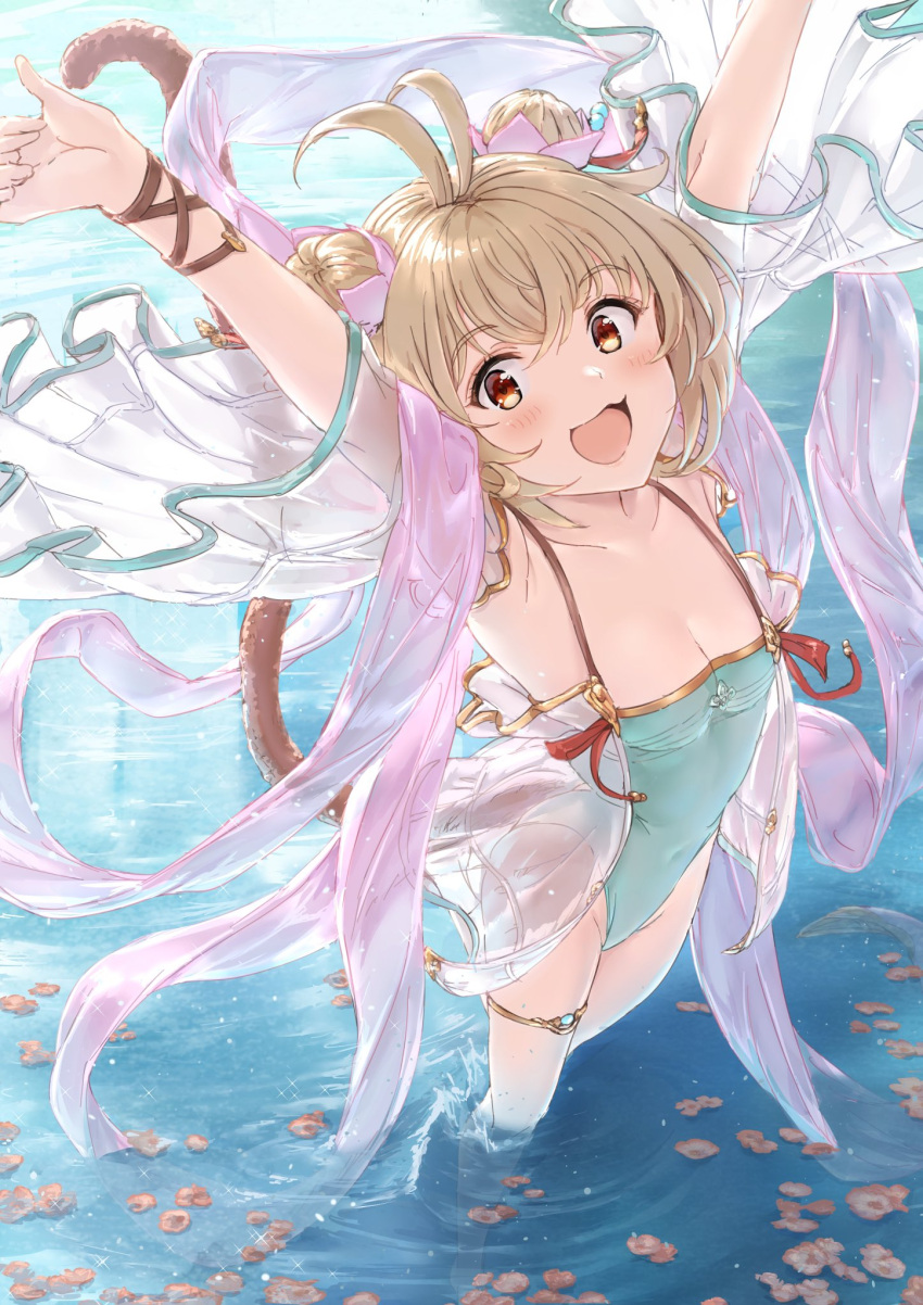 akita_hika andira_(granblue_fantasy) andira_(summer)_(granblue_fantasy) animal_ears antenna_hair armpits arms_up bare_shoulders blonde_hair blush breasts casual_one-piece_swimsuit collarbone covered_navel erune female granblue_fantasy green_one-piece_swimsuit highleg highleg_swimsuit highres looking_at_viewer monkey_ears monkey_girl monkey_tail official_alternate_costume one-piece_swimsuit open_mouth orange_eyes revision shawl short_hair small_breasts smile solo swimsuit tail thighlet thighs two_side_up wading water wet