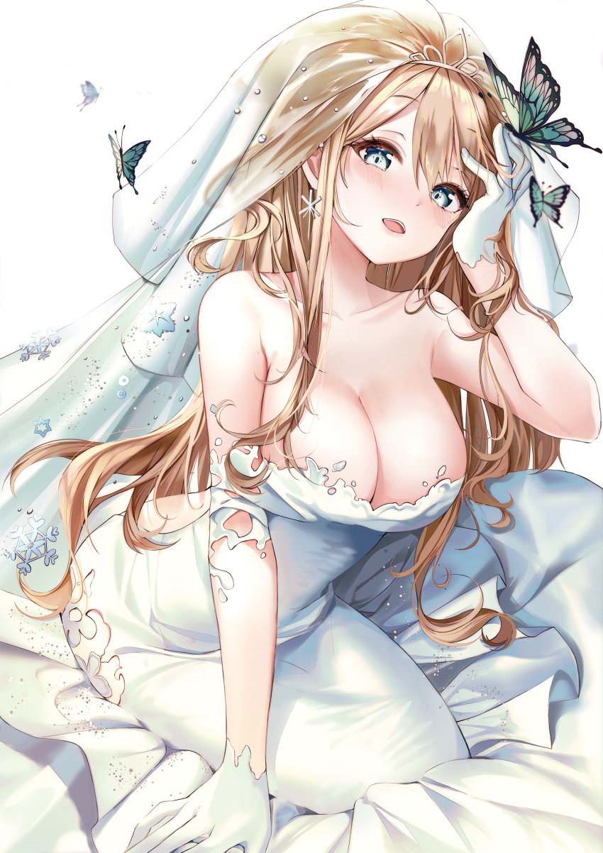 :d absurdres alternate_costume arm_support backless_dress backless_outfit bare_shoulders blonde_hair blue_eyes blush breasts bridal_veil bride bug buri_(retty9349) butterfly cleavage clothing_cutout dress earrings elbow_gloves female girls'_frontline gloves hair_between_eyes hand_in_own_hair hand_on_own_head highres jewelry large_breasts long_hair looking_at_viewer mermaid_dress off-shoulder_dress off_shoulder official_alternate_costume open_mouth sitting smile snowflake_earrings snowflake_print solo strapless strapless_dress suomi_(blissful_mission)_(girls'_frontline) suomi_(girls'_frontline) tareme tiara veil wedding_dress white_dress white_gloves