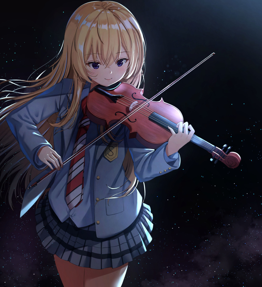 absurdres bad_id bad_pixiv_id blazer blonde_hair blue_eyes blue_jacket blue_shirt blush bow_(music) commentary_request dark_background female from_above grey_skirt hair_between_eyes hands_up highres holding holding_instrument holding_violin instrument jacket long_hair long_sleeves miyazono_kawori music necktie playing_instrument pleated_skirt revision school_uniform shigatsu_wa_kimi_no_uso shirt skirt sleeves_past_wrists smile solo striped striped_necktie violin xue_lu