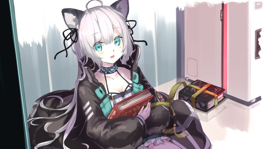 :d ahoge animal_ears aqua_eyes arknights black_coat black_hair black_ribbon blush book breasts cat_ears cleavage coat collar collarbone commentary_request dress female frilled_dress frills grey_hair hair_ribbon hellnyaa highres holding holding_book indoors long_hair long_sleeves looking_at_viewer mint_(arknights) open_clothes open_coat open_mouth ribbon small_breasts smile solo white_dress