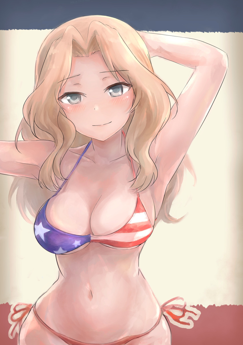 absurdres american_flag american_flag_bikini american_flag_print arm_behind_head arm_up armpits bikini blonde_hair blue_eyes blush breasts cleavage closed_mouth ennui_orz female flag_print girls_und_panzer hair_intakes half-closed_eyes highres kay_(girls_und_panzer) light_smile long_hair medium_breasts navel print_bikini protected_link side-tie_bikini_bottom skindentation solo standing stomach swimsuit