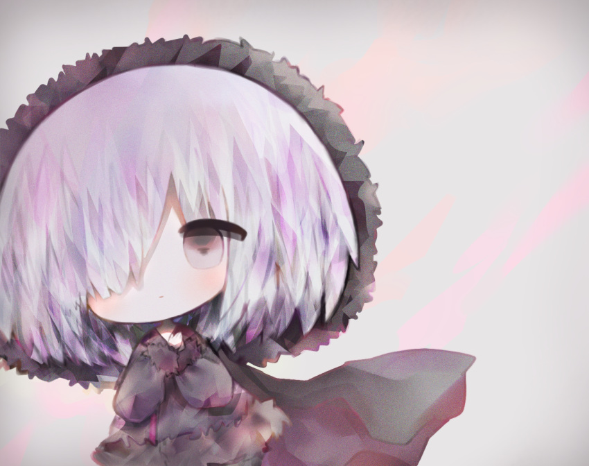 bad_id bad_pixiv_id black_cape black_dress cape closed_mouth commentary_request cottontailtokki dress female fur-trimmed_sleeves fur_trim grey_background grey_hair hair_over_one_eye hands_up long_sleeves looking_at_viewer own_hands_together puffy_long_sleeves puffy_sleeves shadowverse sleeves_past_wrists solo white_hair wizardess_of_oz