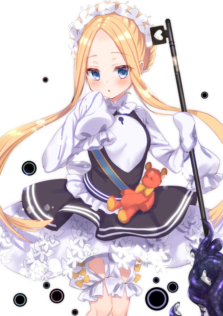 :o abigail_williams_(fate) abigail_williams_(festival_outfit)_(fate) bad_id bad_twitter_id black_dress blonde_hair bloomers blue_eyes braid breasts butterfly_hair_ornament commentary_request dress fate/grand_order fate_(series) female forehead hair_ornament hand_up highres holding honoka_chiffon keyhole long_hair long_sleeves looking_at_viewer official_alternate_costume parted_bangs parted_lips shirt sidelocks simple_background sleeveless sleeveless_dress sleeves_past_fingers sleeves_past_wrists small_breasts solo stuffed_animal stuffed_toy teddy_bear tentacle underwear very_long_hair white_background white_bloomers white_shirt