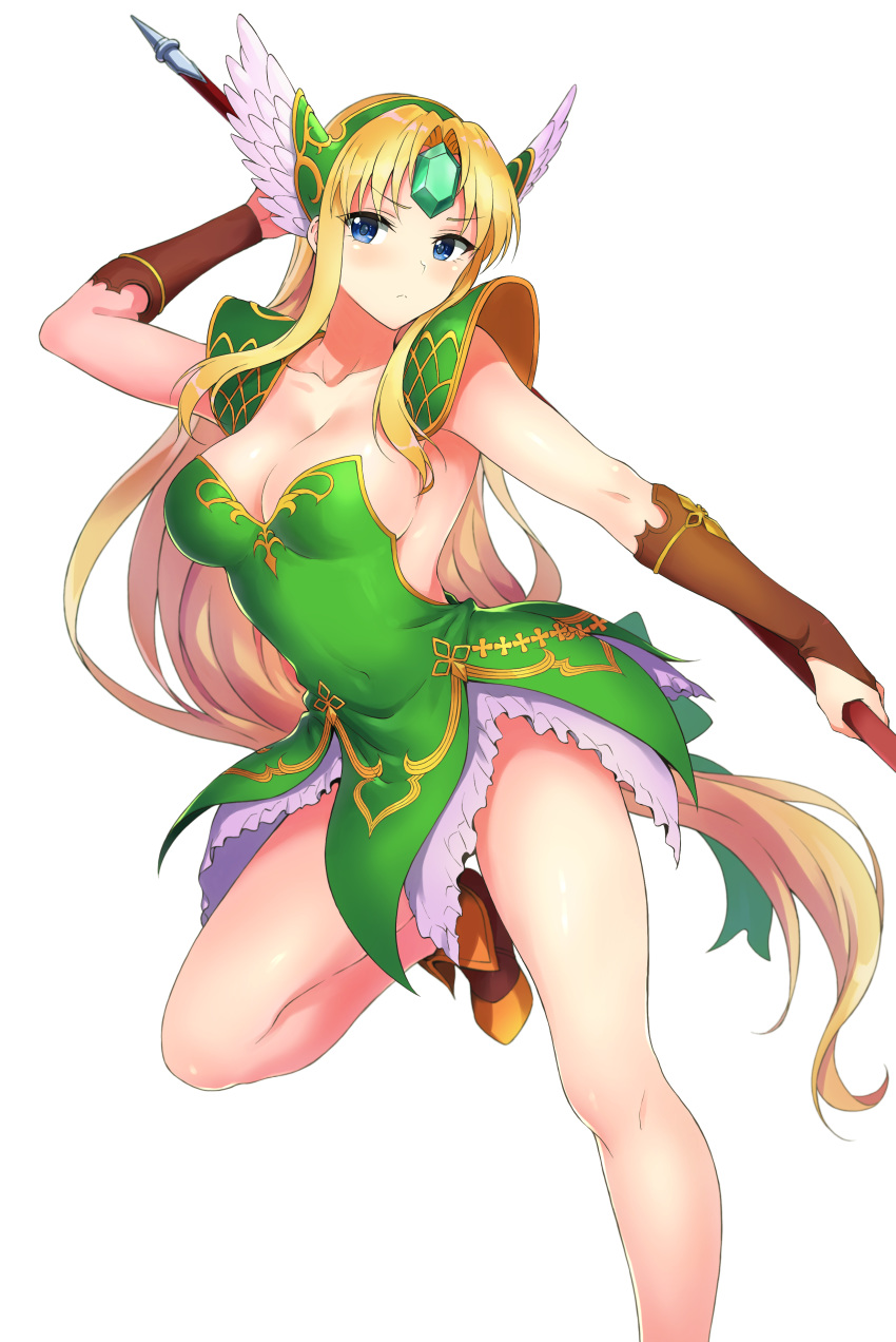 absurdres blonde_hair blue_eyes blush breasts bridal_gauntlets cleavage collarbone commentary_request female foot_out_of_frame frown gloves helmet highres large_breasts long_hair looking_at_viewer low-tied_long_hair momihige riesz seiken_densetsu seiken_densetsu_3 simple_background solo very_long_hair weapon white_background winged_helmet