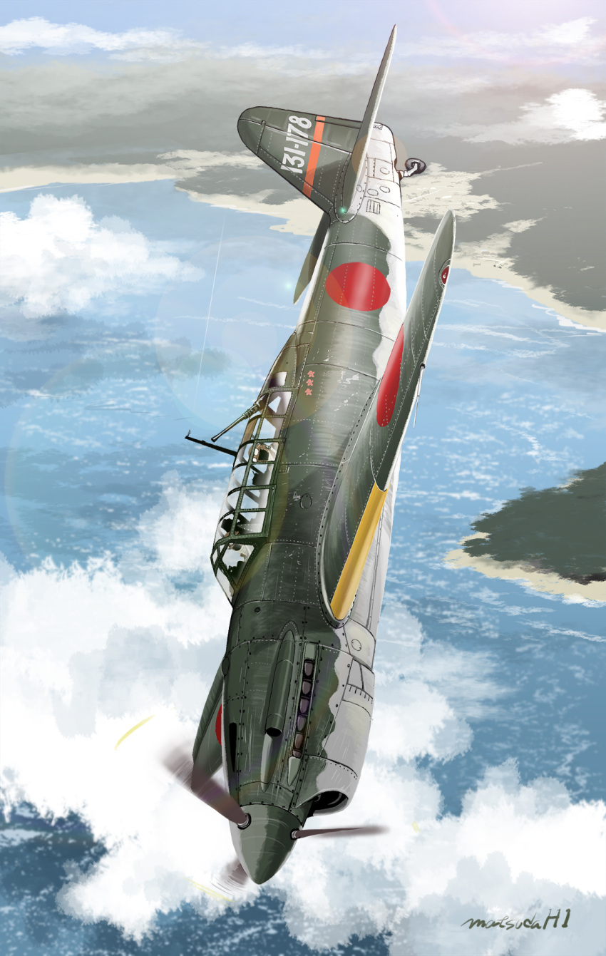 2boys aircraft airplane cloud d4y_suisei flying gun highres imperial_japanese_navy island machine_gun matsuda_juukou military multiple_boys ocean original pilot pilot_helmet propeller realistic roundel signature sky traditional_media vehicle_focus weapon world_war_ii