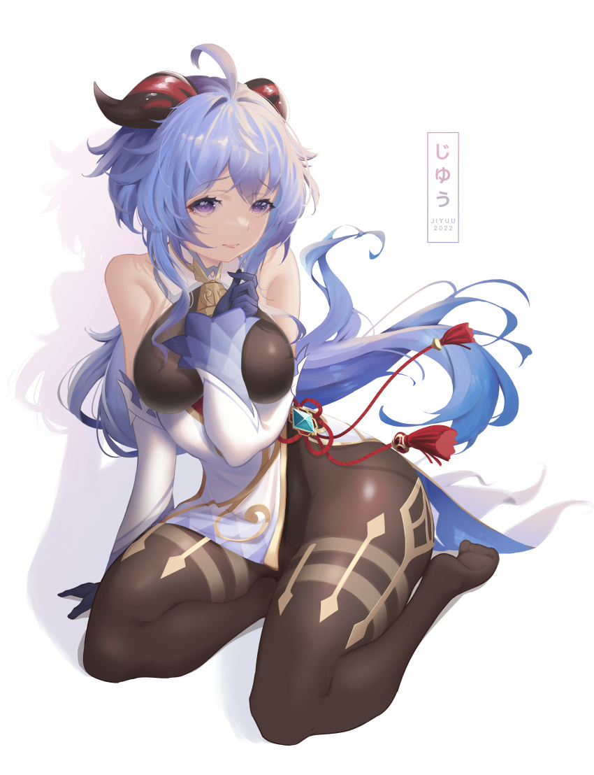 absurdres ahoge bad_id bad_pixiv_id bare_shoulders bell black_gloves blue_hair bodystocking breasts brown_legwear chinese_knot detached_sleeves female flower_knot ganyu_(genshin_impact) genshin_impact gloves gold_trim highres jhaysie long_hair looking_at_viewer low_ponytail medium_breasts neck_bell no_shoes purple_eyes sidelocks sitting solo tassel thighlet thighs vision_(genshin_impact) white_background white_sleeves yokozuwari