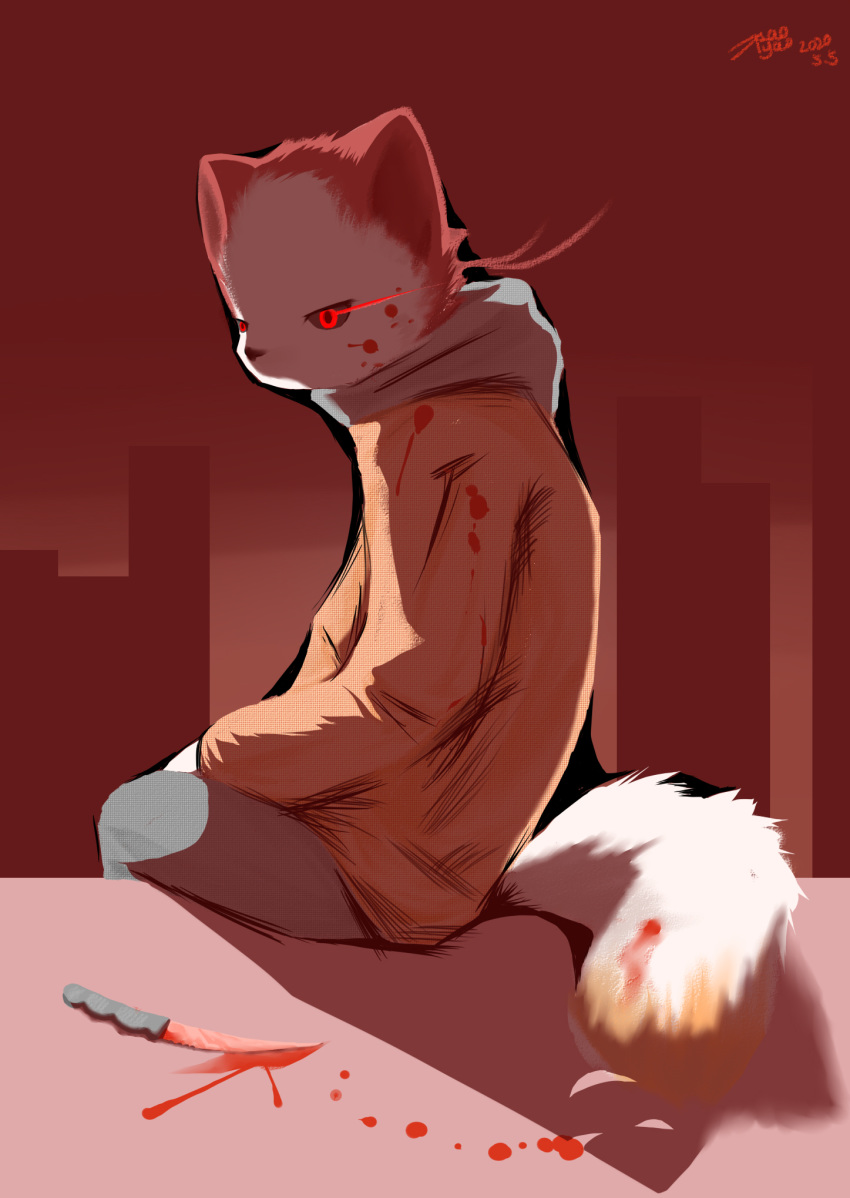 anthro blood blood_on_face blood_on_ground blood_on_knife blood_on_tail bodily_fluids clothing domestic_cat felid feline felis fur hi_res hoodie knife male mammal orange_body orange_clothing orange_fur orange_hoodie orange_tail orange_topwear red_body red_ears red_eyes red_fur red_inner_ear signature solo tail topwear white_body white_fur white_tail x1aoyaoya