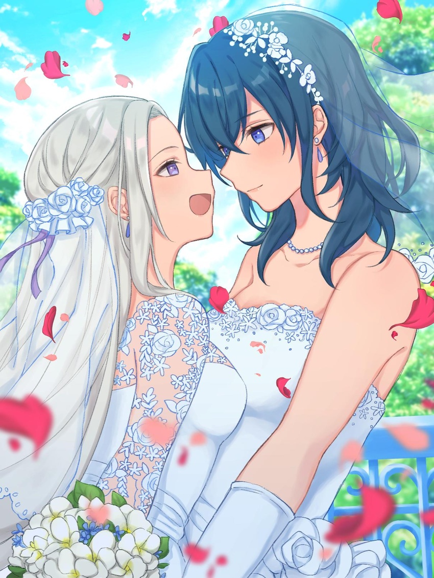 2girls bad_id bad_twitter_id bare_shoulders bead_necklace beads blue_eyes blue_flower blue_sky blurry bouquet bridal_veil byleth_(female)_(fire_emblem) byleth_(fire_emblem) commentary day depth_of_field dress earrings edelgard_von_hresvelg eye_contact face-to-face falling_petals fire_emblem fire_emblem:_three_houses flower green_hair grey_hair hair_flower hair_ornament highres hoshido1214 ironwork jewelry long_hair looking_at_another medium_hair multiple_girls necklace petals pink_petals purple_eyes red_petals sky smile upper_body veil wedding_dress white_dress white_flower wife_and_wife yuri