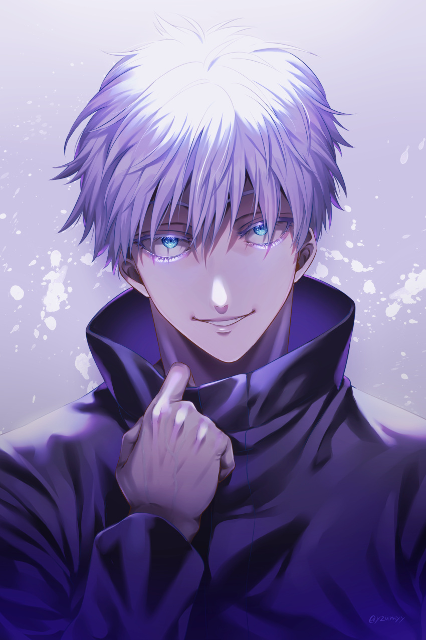 1boy absurdres bad_id bad_pixiv_id black_jacket blue_eyes eyelashes gojou_satoru hair_between_eyes hand_up high_collar highres jacket jujutsu_kaisen looking_at_viewer male_focus parted_lips short_hair smile solo twitter_username upper_body white_background white_hair yzumyy