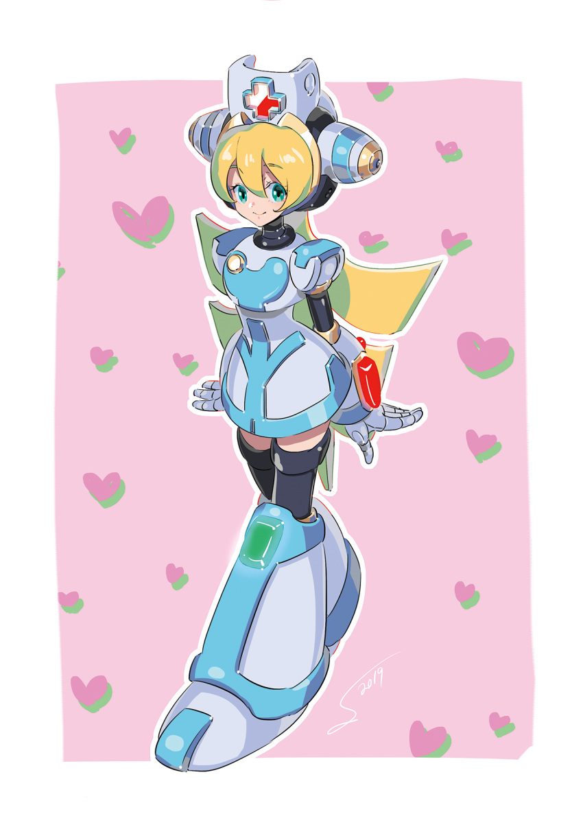 android blonde_hair blue_eyes cinnamon_(mega_man) commentary_request female full_body hair_between_eyes hat headgear heart heart_background highres long_hair mega_man_(series) mega_man_x:_command_mission mega_man_x_(series) nurse nurse_cap photoshop_(medium) pink_background smile solo sumomo thighhighs zettai_ryouiki