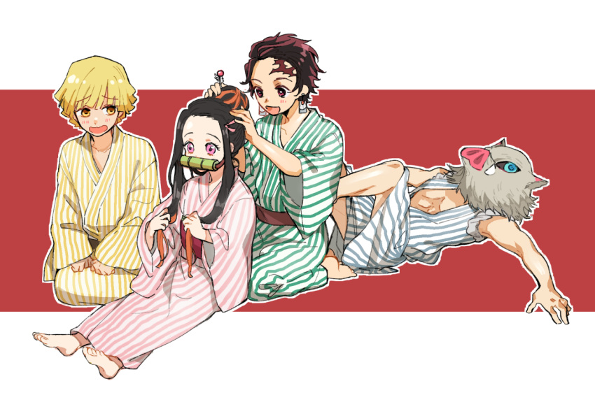 3boys agatsuma_zenitsu bamboo barefoot bath_yukata bit_gag black_hair blonde_hair boar_mask brother_and_sister brown_eyes brown_hair commentary_request earrings female gag hair_bun hair_ornament hair_ribbon hairdressing hairpin hands_on_another's_head hashibira_inosuke holding holding_another's_hair japanese_clothes jewelry kamado_nezuko kamado_tanjirou kimetsu_no_yaiba kimono legs_on_another's_back long_hair lying maga_(chun) multicolored_hair multiple_boys obi on_stomach orange_hair outline outstretched_arms pink_eyes ribbon sash seiza siblings sideways_glance single_hair_bun sitting spread_arms striped_clothes striped_kimono vertical-striped_clothes vertical-striped_kimono white_outline yellow_eyes yukata