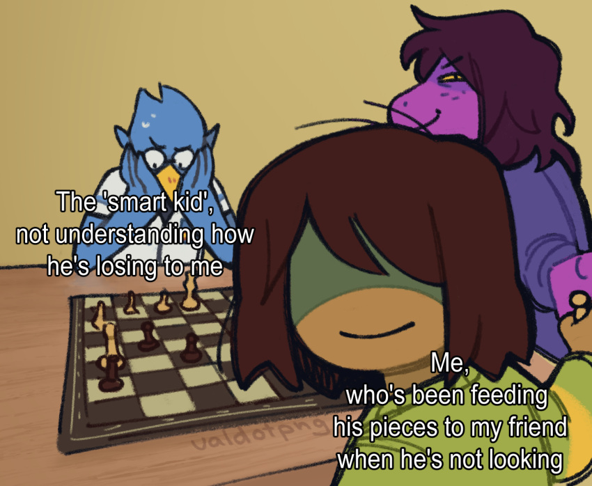 ambiguous_gender anthro avian berdly bird blue_body chess deltarune dog_playing_chess english_text eyewear female glasses group hair hair_over_eyes human humanoid kris_(deltarune) male mammal meme messy_hair purple_body reptile scalie susie_(deltarune) text trio undertale_(series) valdotpng