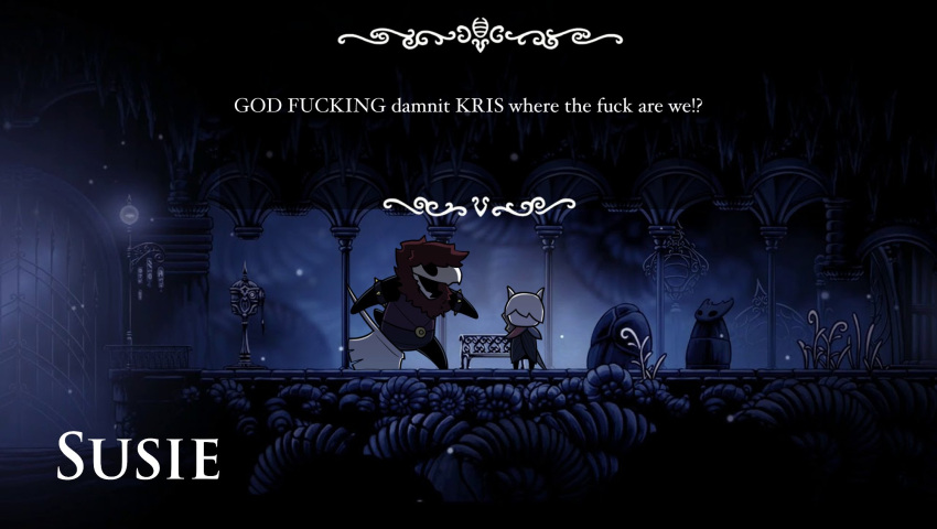 ambiguous_gender anthro arthropod axe bench bran-draws-things brown_hair deltarune detailed_background dialogue duo english_text hair hi_res hollow_knight kris_(deltarune) kris_where_are_we lance_(disambiguation) larger_ambiguous melee_weapon meme profanity sign size_difference smaller_ambiguous style_emulation susie_(deltarune) team_cherry text text_box undertale_(series) weapon white_hair