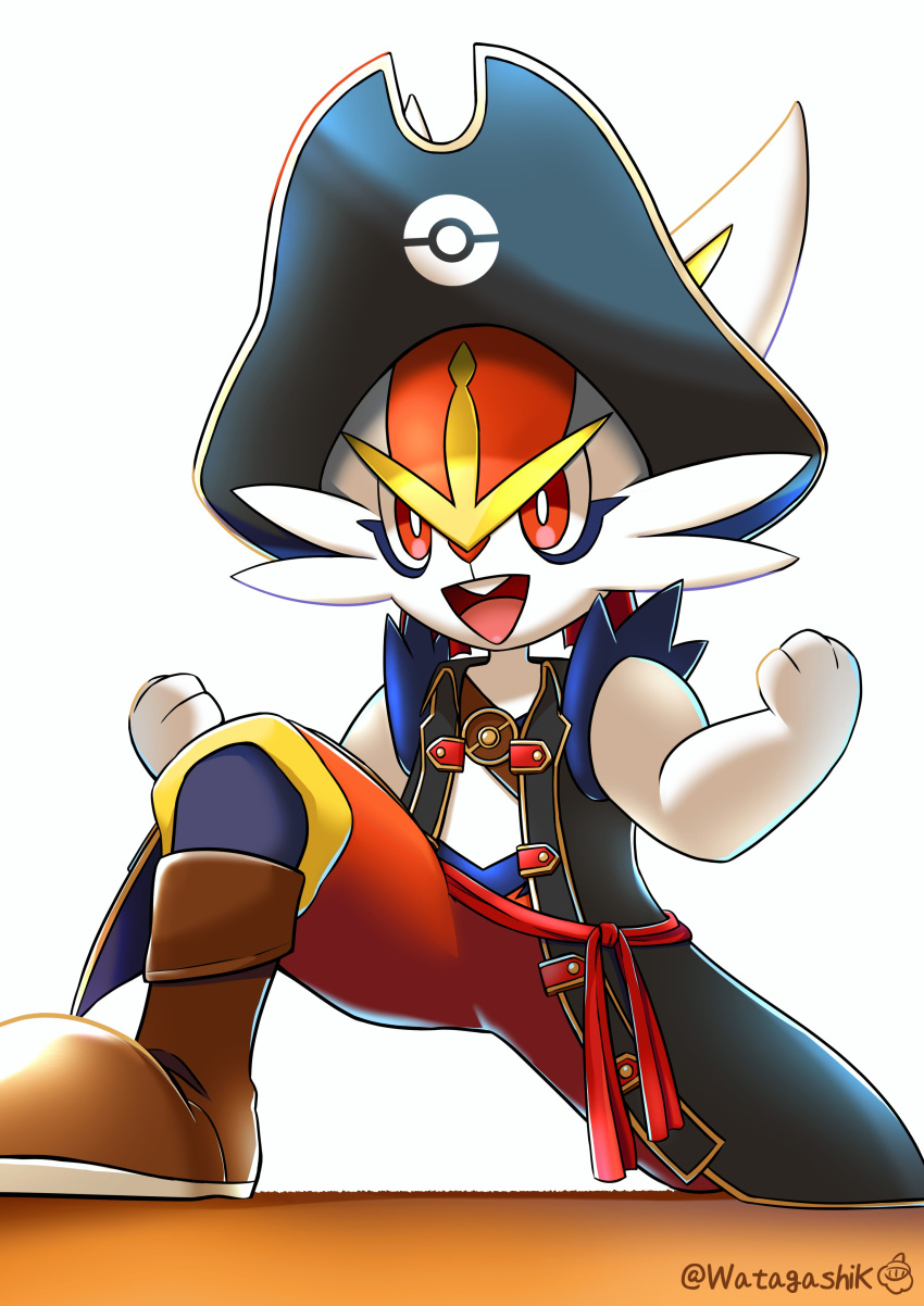 :d absurdres black_coat black_hat boots brown_footwear cinderace cinderace_(captain) clothed_pokemon coat commentary_request furry happy hat highres looking_at_viewer open_mouth orange_eyes pirate_costume pirate_hat poke_ball_print pokemon pokemon_(creature) pokemon_unite print_headwear signature simple_background sleeveless sleeveless_coat smile solo teeth twitter_username upper_teeth_only watagashikn white_background