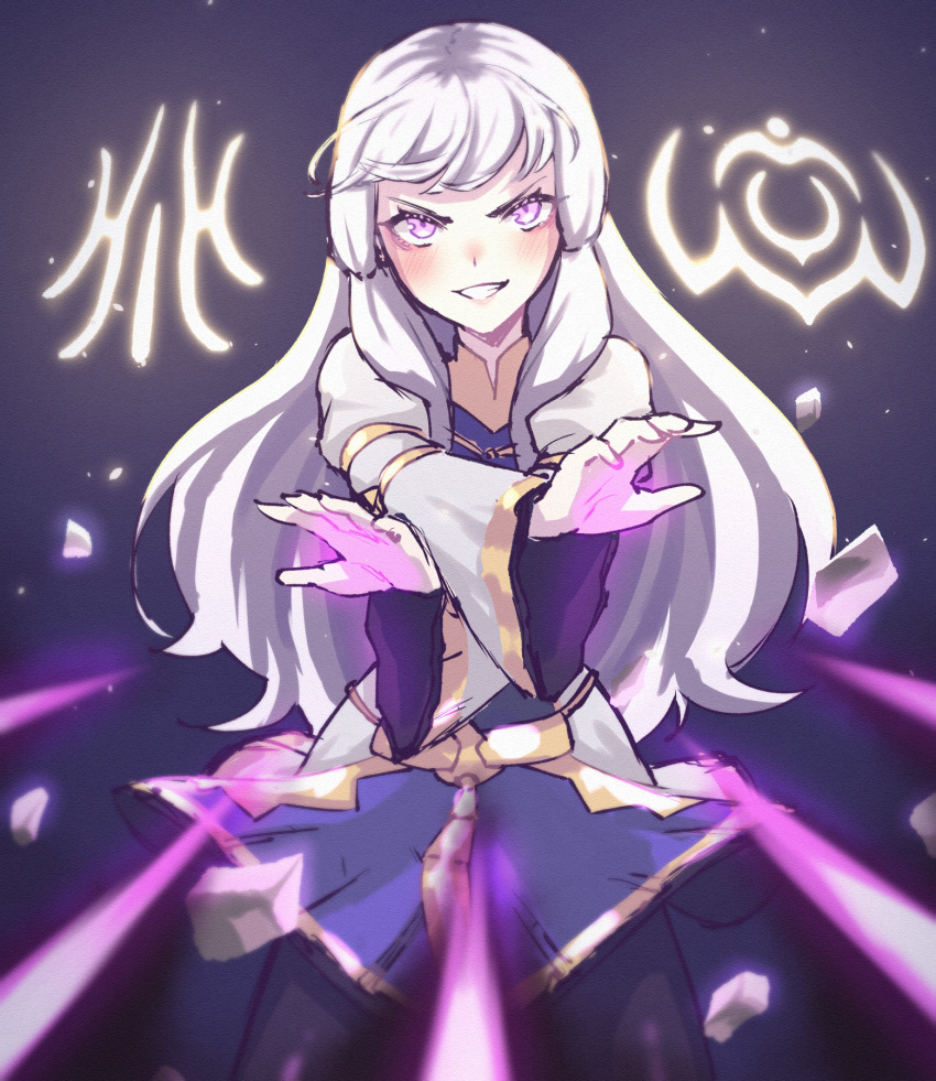 blush crossed_arms dress female fire_emblem fire_emblem:_three_houses fire_emblem_warriors:_three_hopes grin highres long_hair looking_at_viewer lysithea_von_ordelia magic official_alternate_costume official_alternate_hairstyle outstretched_arms purple_dress purple_eyes sher_(imnotsher) smile solo white_hair white_sleeves