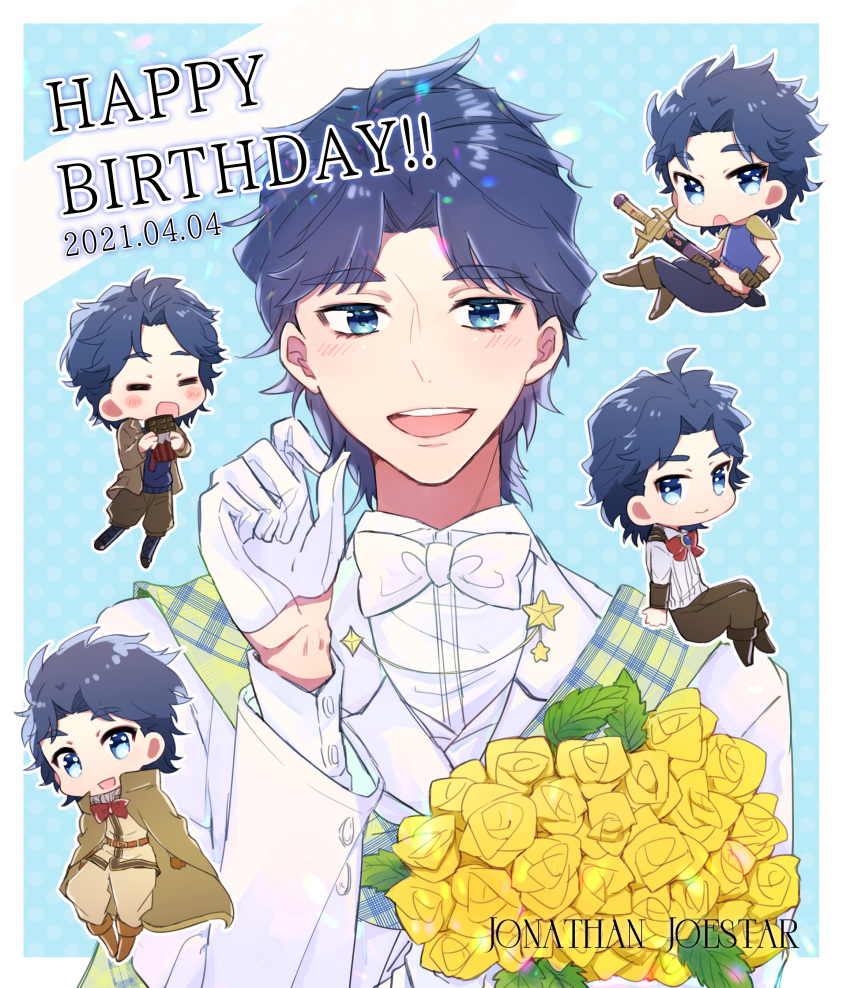 1boy :d absurdres blue_eyes blue_hair blush bouquet bow bowtie chibi dated flower formal gloves happy_birthday highres jojo_no_kimyou_na_bouken jonathan_joestar looking_at_viewer luck_and_pluck male_focus open_mouth phantom_blood scarf smile suit sword upper_body weapon white_bow white_bowtie white_gloves white_suit yellow_flower yofuke_(mu_yume)