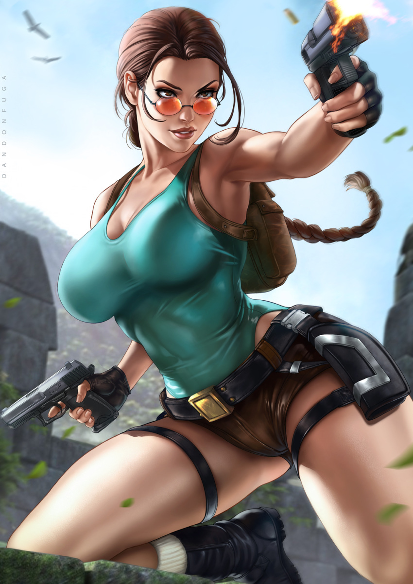 action aiming backpack bag belt black_gloves boots braid breasts brown_eyes brown_hair brown_shorts cleavage collarbone combat_boots commentary dandon_fuga day english_commentary eyelashes female finger_on_trigger fingerless_gloves firing forehead gloves great_wall_of_china green_leotard gun handgun highleg highleg_leotard highres holster lara_croft large_breasts leotard leotard_under_clothes lips long_braid long_hair looking_over_eyewear makeup mascara muzzle_flash nose orange-tinted_eyewear red-tinted_eyewear round_eyewear running short_shorts shorts single_braid socks solo sunglasses thigh_holster tinted_eyewear tomb_raider weapon