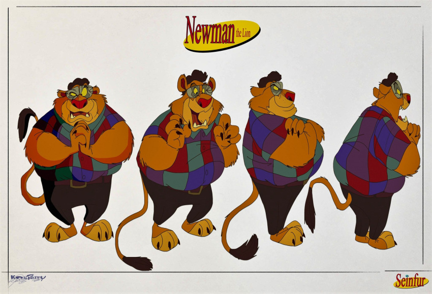 2021 alternate_species anthro barefoot belt bottomwear character_name claws clothed clothing crossed_arms eyewear feet felid fully_clothed fur glasses hi_res kosperry lion male mammal model_sheet newman_(seinfeld) open_mouth overweight overweight_anthro overweight_male pantherine pants seinfeld shirt simple_background solo topwear white_background yellow_body yellow_fur