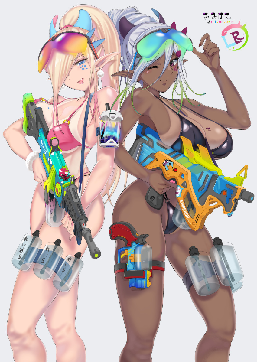 2girls :d ;) artist_name back-to-back bare_arms bare_shoulders bikini black_bikini blonde_hair blue_eyes breasts cleavage closed_mouth commentary_request dark-skinned_female dark_elf dark_skin earrings elf eyewear_on_head facial_mark fangs fingernails gradient_hair green_hair grey_background grey_hair hair_over_one_eye hand_up high_ponytail highleg highleg_bikini highres holding jewelry large_breasts leilla_(mi_mi_ham) long_hair medium_breasts mi_mi_ham multicolored_hair multiple_girls one_eye_closed open_mouth original pink_bikini pink_hair pointy_ears purple_eyes rikka_(mi_mi_ham) skindentation smile super_soaker swimsuit tan tanlines thigh_strap thighs twitter_username two-tone_hair underboob very_long_hair wristband