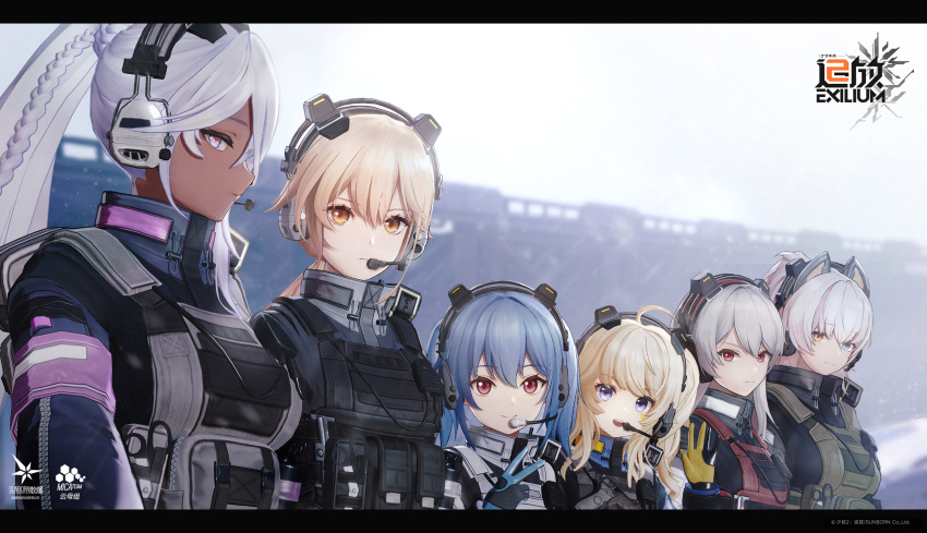 6+girls blonde_hair blue_eyes blue_hair charolic_(girls'_frontline_2) colphne_(girls'_frontline_2) dark_skin girls'_frontline girls'_frontline_2:_exilium gun handgun headset highres holster long_hair multiple_girls nemesis_(girls'_frontline_2) official_art ots-14_(girls'_frontline) peritya_(girls'_frontline_2) ponytail purple_eyes red_eyes source_request tactical_clothes v vepley_(girls'_frontline_2) weapon white_hair yellow_eyes