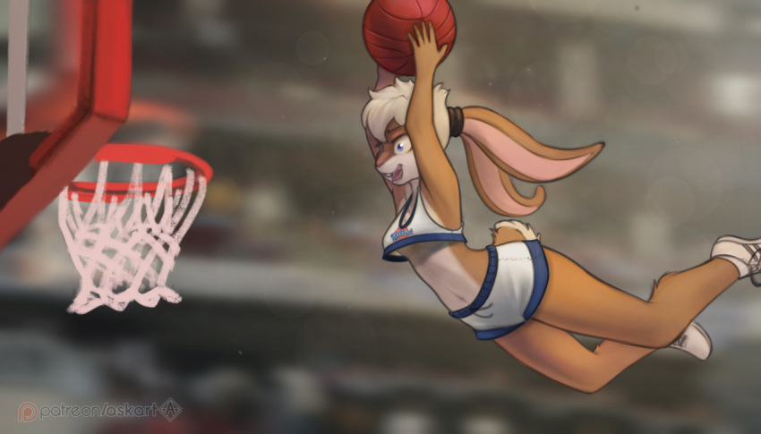 2021 5_fingers anthro askart ball basketball basketball_(ball) basketball_hoop basketball_net basketball_uniform blonde_hair blue_eyes bottomwear breasts buckteeth clothed clothing english_text female fingers footwear fur hair hotpants lagomorph leporid lola_bunny looney_tunes mammal midriff navel rabbit scut_tail shirt shoes short_tail shorts slam_dunk sneakers solo space_jam sportswear tail tan_body tan_fur tank_top teeth text text_on_clothing text_on_shirt text_on_tank_top text_on_topwear topwear tune_squad_outfit tune_squad_outfit_(1996) under_boob uniform warner_brothers