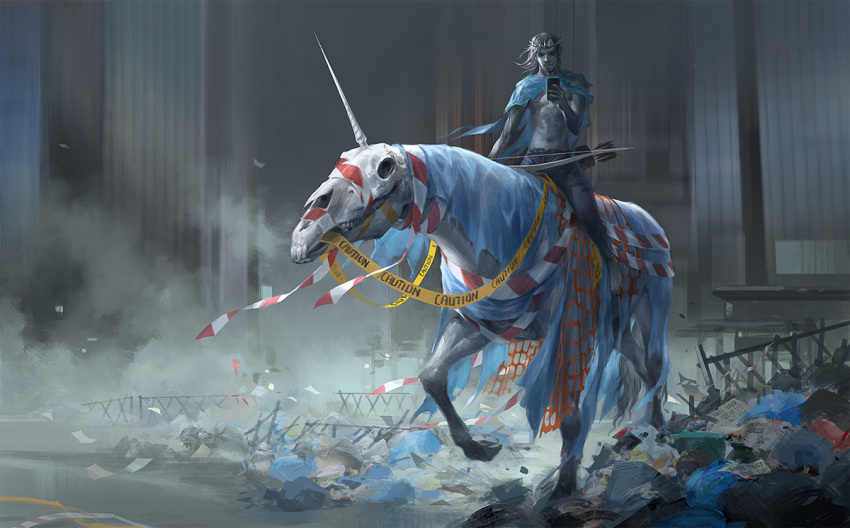 2021 ambiguous_gender clothed clothing detailed_background digital_media_(artwork) duo equid equine feral hair hooves horn male mammal mythological_creature mythological_equine mythology pestilence_(personification) riding sandara unicorn