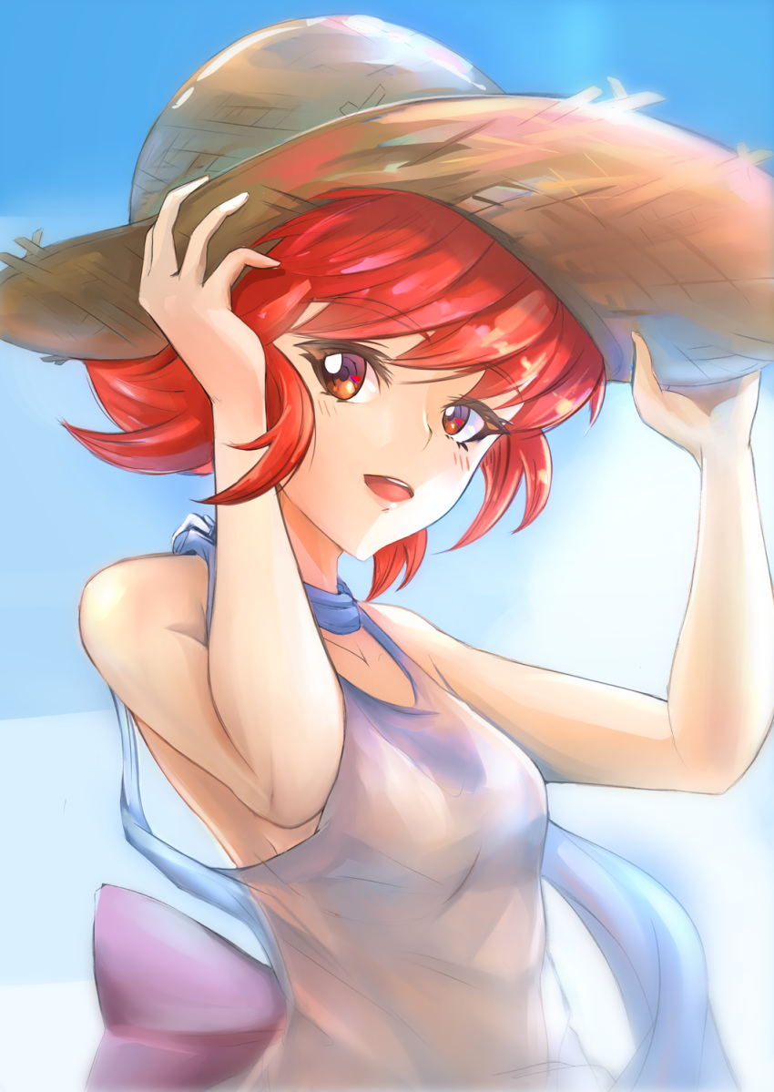 :d back_bow bad_id bad_pixiv_id bow collarbone commentary_request deekei dress female fire_emblem fire_emblem_fates hat highres hinoka_(fire_emblem) looking_at_viewer open_mouth purple_bow red_eyes red_hair see-through short_hair sleeveless sleeveless_dress smile solo straw_hat sun_hat sundress upper_body white_dress