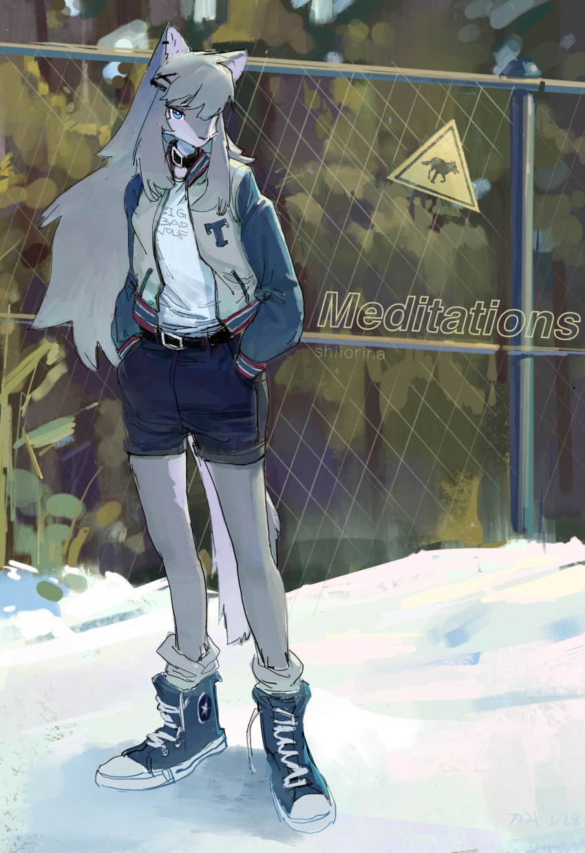 2021 anthro belt black_bottomwear black_clothing black_collar black_shorts blue_clothing blue_eyes blue_footwear blue_shoes bottomwear breasts building canid canine canis chain-link_fence clothed clothing collar detailed_background female female_anthro fence footwear fully_clothed fur grey_body grey_fur grey_hair hair hair_over_eye hi_res jacket kemono long_hair looking_at_viewer mammal one_eye_obstructed plant sally_(shiiorina) shiiorina shirt shoes shorts sign small_breasts snow socks solo standing topwear traditional_media_(artwork) tree white_body white_clothing white_fur white_shirt white_topwear wolf