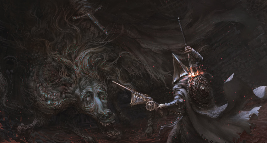 1boy armor battle blank_eyes blood bloodborne cape circular_saw commentary cowboy_shot dark duel elbow_pads eldritch_abomination embers extra_legs fighting_stance gun hand_wraps helmet highres holding holding_gun holding_polearm holding_weapon hunter_(bloodborne) long_hair looking_at_another ludwig_the_accursed monster moonlight_greatsword open_mouth pants polearm psp_kuangre_wanjia saw sheath sheathed size_difference smile sparks sword tabard teeth unsheathing weapon weapon_on_back