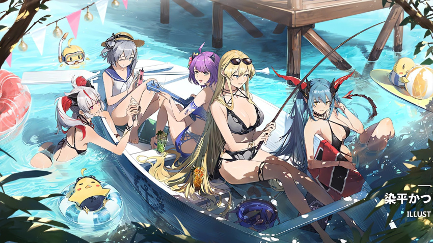 5girls azur_lane ball baozi bikini bismarck_(azur_lane) bismarck_zwei_(azur_lane) black_bikini blonde_hair blue_bikini blue_eyes boat breasts coral drink fish fishing_rod food green_hair grey_hair halterneck hat highres holding holding_instrument horns houston_(azur_lane) houston_ii_(azur_lane) instrument jade_(a_lick_of_summer)_(azur_lane) jade_(azur_lane) jewelry large_breasts leotard lingerie long_hair manjuu_(azur_lane) medium_hair multicolored_hair multiple_girls necklace official_alternate_costume official_art otto_von_alvensleben_(azur_lane) otto_von_alvensleben_(hunter_becomes_hunted)_(azur_lane) paddle purple_hair red_eyes red_hair regensburg_(azur_lane) regensburg_(dark_dragon_brilliant_beach)_(azur_lane) resized sailor_collar sitting small_breasts snorkel_mask somehira_katsu straw_hat sunglasses swimsuit tail thigh_strap third-party_source tree twintails underwear upscaled very_long_hair watercraft white_hair yellow_eyes