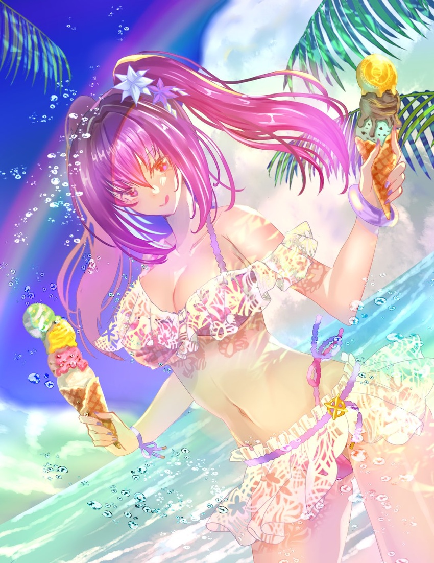 bad_id bad_twitter_id beach bikini breasts collarbone day fate/grand_order fate_(series) female flower food frilled_bikini frilled_skirt frills hair_between_eyes hair_flower hair_ornament highres holding holding_food holding_ice_cream ice_cream ice_cream_cone large_breasts licking_lips long_hair looking_at_viewer natsujiru navel off-shoulder_bikini off_shoulder outdoors purple_bikini purple_hair red_eyes scathach_(fate) scathach_skadi_(swimsuit_ruler)_(fate) see-through skirt solo swimsuit thighs tongue tongue_out twintails upper_body