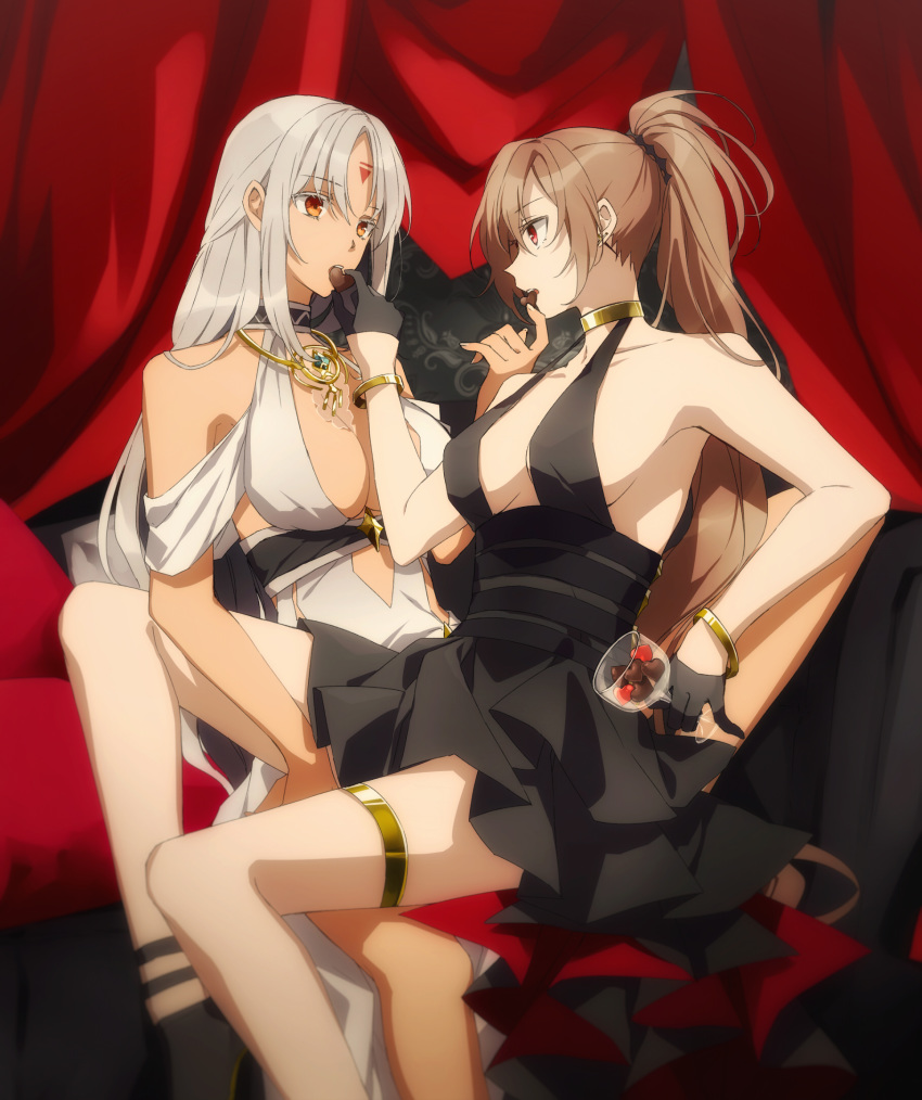 2girls amazuki_jou azur_lane body_markings cocktail_dress commentary_request dark-skinned_female dark_skin dress evening_gown facial_mark forehead_mark gold_bracelet gold_choker halter_dress halterneck high-waist_sideboob highres jean_bart_(azur_lane) jean_bart_(uninhibited_bloodstone)_(azur_lane) massachusetts_(azur_lane) massachusetts_(dressed_to_impress)_(azur_lane) md5_mismatch multiple_girls official_alternate_costume white_nails yuri