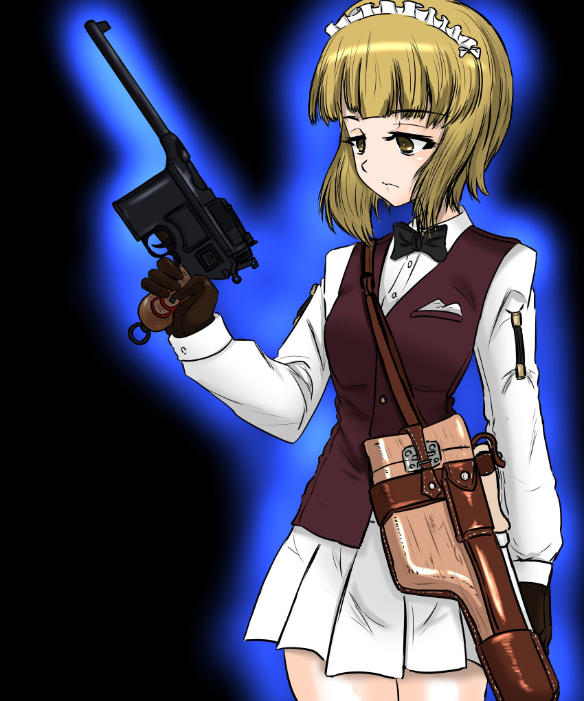 absurdres arm_garter bartender black_bow black_bowtie black_gloves blonde_hair blunt_bangs bob_cut bow bowtie brown_eyes brown_vest closed_mouth commentary cutlass_(girls_und_panzer) dress_shirt female frown girls_und_panzer gloves gun half-closed_eyes handgun handkerchief highres holding holding_gun holding_weapon holster long_sleeves maid_headdress mauser_c96 miniskirt moesenyukikaze pleated_skirt school_uniform shirt short_hair skirt solo standing vest weapon white_shirt white_skirt wing_collar