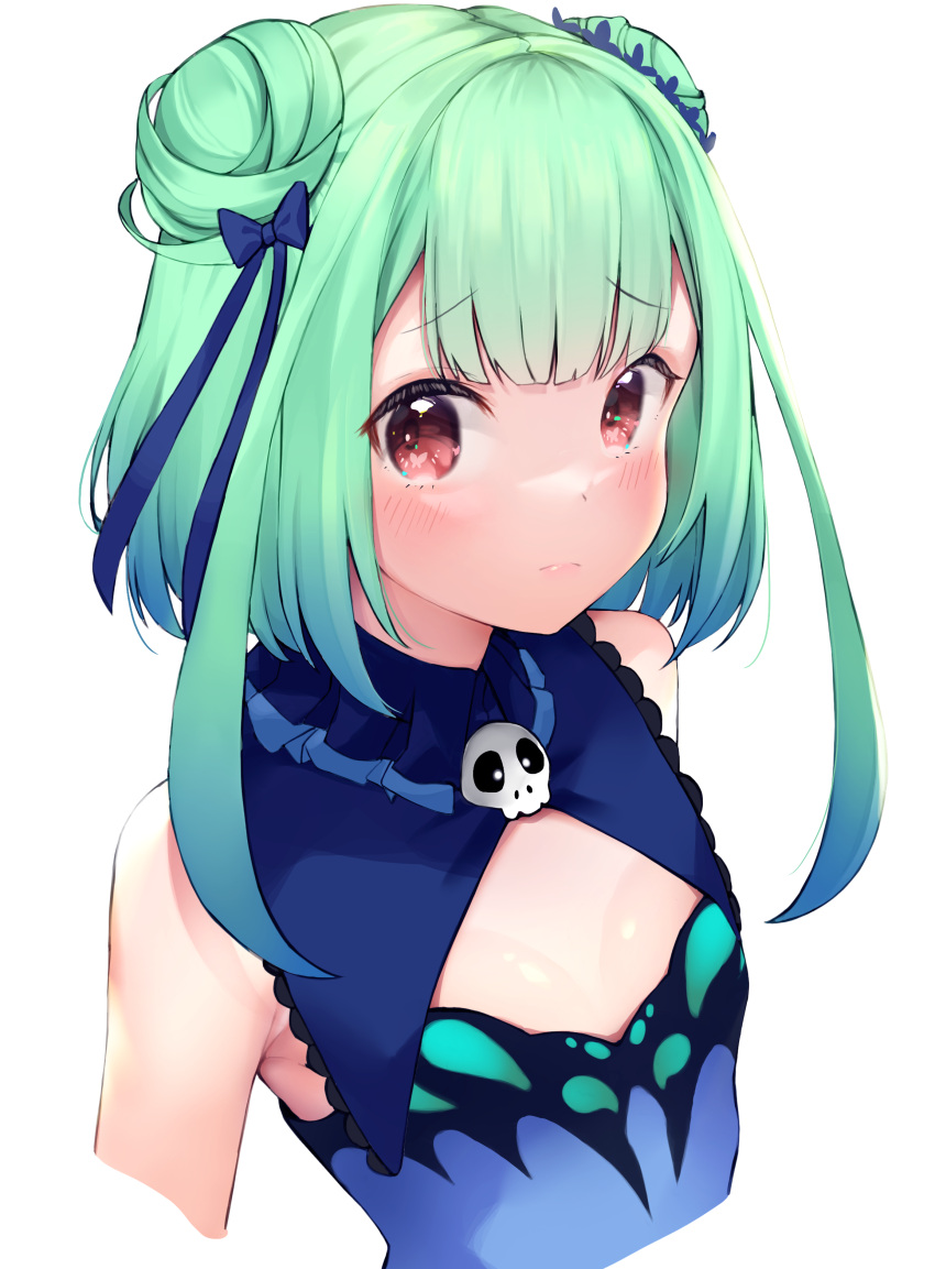 absurdres animal_print bad_id bad_pixiv_id bare_shoulders blue_bow blue_dress blue_hair blush bow breasts bug butterfly butterfly_print closed_mouth commentary cropped_torso double_bun dress female gradient_hair green_hair hair_bun hairbow highres hololive kurogane_tekki light_frown looking_at_viewer multicolored_hair raised_eyebrows red_eyes short_hair short_hair_with_long_locks simple_background skull_ornament small_breasts solo symbol_in_eye upper_body uruha_rushia uruha_rushia_(1st_costume) virtual_youtuber white_background