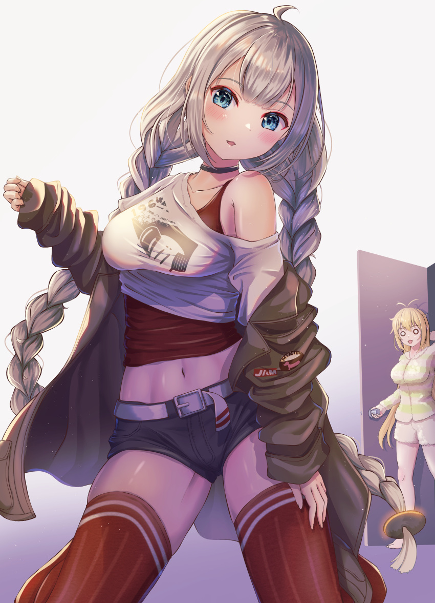 2girls absurdres antenna_hair blonde_hair blue_eyes braid breasts cevio cosplay crop_top grey_hair hand_up hatyomugi00 highres jacket jacket_partially_removed kizuna_akari large_breasts long_hair midriff multiple_girls navel off-shoulder_shirt off_shoulder open_clothes open_jacket pajamas shirt short_shorts shorts tank_top thighhighs tsurumaki_maki tsurumaki_maki_(cosplay) twin_braids very_long_hair voiceroid