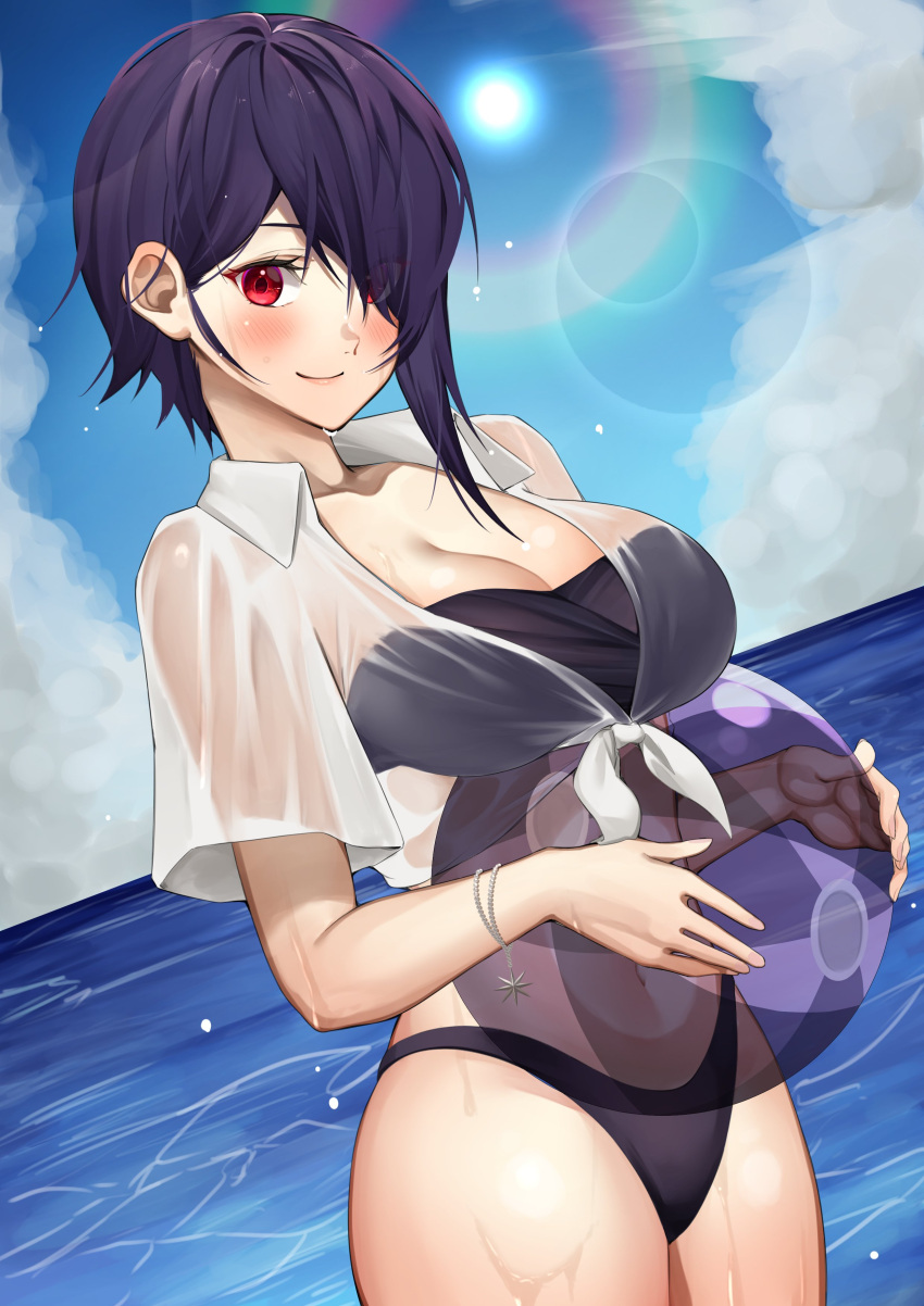 absurdres aogiri_koukou ball beachball bikini black_bikini blue_sky blush bracelet breasts cleavage closed_mouth cloud commentary_request cowboy_shot crop_top eyes_visible_through_hair female front-tie_top hair_over_one_eye highres holding holding_ball holding_beachball jewelry large_breasts lens_flare navel otodama_tamako purple_hair see-through shirt short_hair short_sleeves sky smile solo standing swimsuit transparent virtual_youtuber wet wet_clothes wet_shirt white_shirt yuya_(yuya_illust)