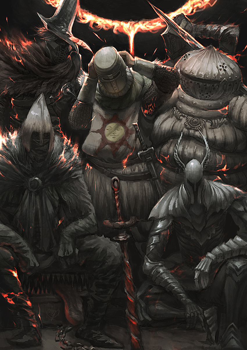 6+boys abyss_watcher arm_on_knee arm_up armor black_armor black_gloves black_hair black_pants boots breastplate cape capelet chainmail commentary dark dark_souls_(series) dark_souls_i dark_souls_iii eclipse elbow_gloves embers fake_horns full_armor full_body fur_cape gauntlets gloves greatsword greaves hand_on_own_head helm helmet highres holding holding_sword holding_weapon horned_helmet horns knight male_focus mimic mimic_(dark_souls) mimic_chest monster moon multiple_boys open_mouth over_shoulder pants pauldrons photoshop_(medium) planted planted_sword plate_armor psp_kuangre_wanjia red_capelet removing_helmet sheath sheathed short_hair shoulder_armor siegmeyer_of_catarina silver_knight_(dark_souls) sir_vilhelm sitting solaire_of_astora solar_eclipse standing sun sun_symbol surcoat sword teeth tongue tongue_out vambraces weapon