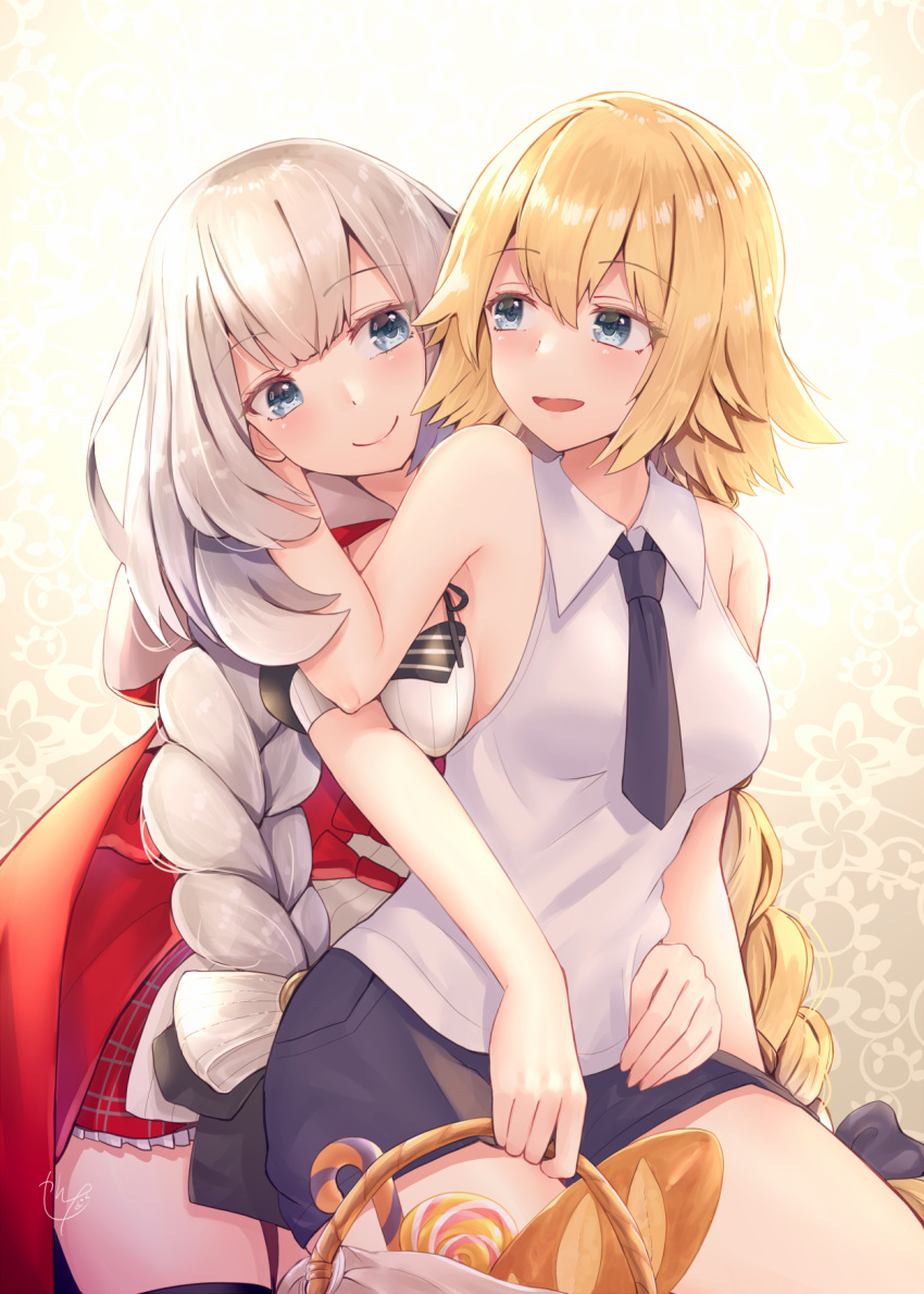 2girls :d armpit_peek backlighting bad_id bad_pixiv_id bare_arms bare_shoulders basket black_legwear black_shorts blonde_hair blue_bow blue_eyes blue_necktie blue_shorts blush bow braid breast_press breasts checkered_clothes checkered_dress cloak closed_mouth collared_shirt commentary_request dress eyelashes fate/apocrypha fate/grand_order fate_(series) hair_between_eyes hairbow hand_on_another's_cheek hand_on_another's_face hand_up highres holding holding_basket hood hood_down hooded_cloak hug hug_from_behind jeanne_d'arc_(fate) jeanne_d'arc_(girl_from_orleans)_(fate) kneeling long_braid long_hair looking_at_another looking_back low_tied_hair marie_antoinette_(fate) marie_antoinette_(festival_outfit)_(fate) medium_breasts multiple_girls narushima_kanna necktie official_alternate_costume open_mouth red_bow red_cloak red_dress seiza shirt short_necktie short_shorts short_sleeves shorts signature single_braid sitting sleeveless sleeveless_shirt smile striped_clothes striped_dress thigh_gap thighhighs underbust vertical-striped_clothes vertical-striped_dress very_long_hair white_dress white_hair white_shirt wing_collar yuri zettai_ryouiki