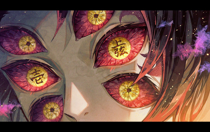 1boy black_hair close-up colored_sclera colored_tips commentary crack english_commentary extra_eyes eye_focus facial_mark kimetsu_no_yaiba kokushibou letterboxed light_particles looking_at_viewer male_focus multicolored_hair oyumai portrait red_hair red_sclera smoke solo streaked_hair text_in_eyes wide-eyed yellow_eyes