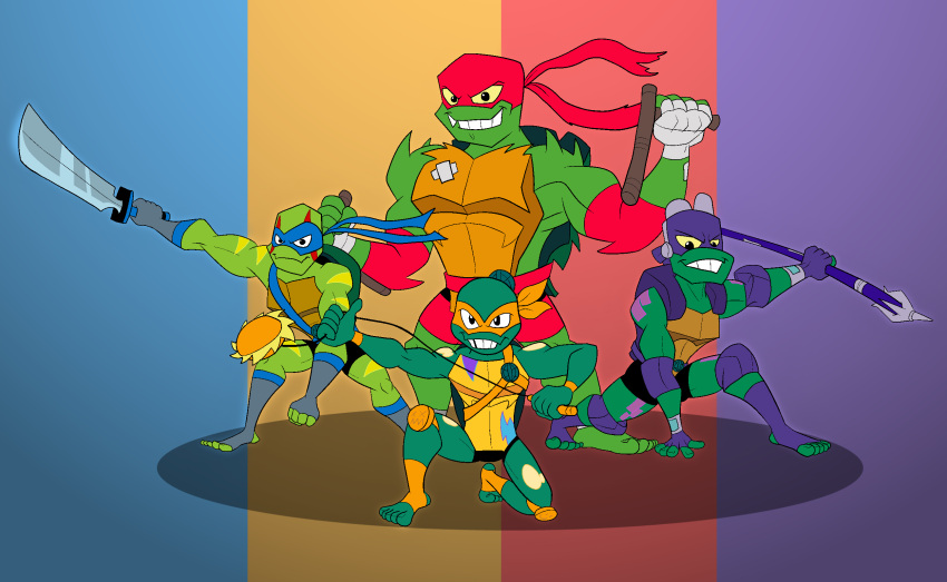 action_pose alligator_snapping_turtle anthro belt box_turtle club_(weapon) darkajugin donatello_(rottmnt) donatello_(tmnt) green_body green_skin group hi_res kusarigama leonardo_(rottmnt) leonardo_(tmnt) male markings mask melee_weapon michelangelo_(rottmnt) michelangelo_(tmnt) nightstick odachi ornate_box_turtle pond_slider pose raphael_(rottmnt) raphael_(tmnt) red-eared_terrapin reptile rise_of_the_teenage_mutant_ninja_turtles scalie shell snapping_turtle softshell_turtle spiny_softshell_turtle staff teenage_mutant_ninja_turtles terrapin turtle weapon yellow_eyes