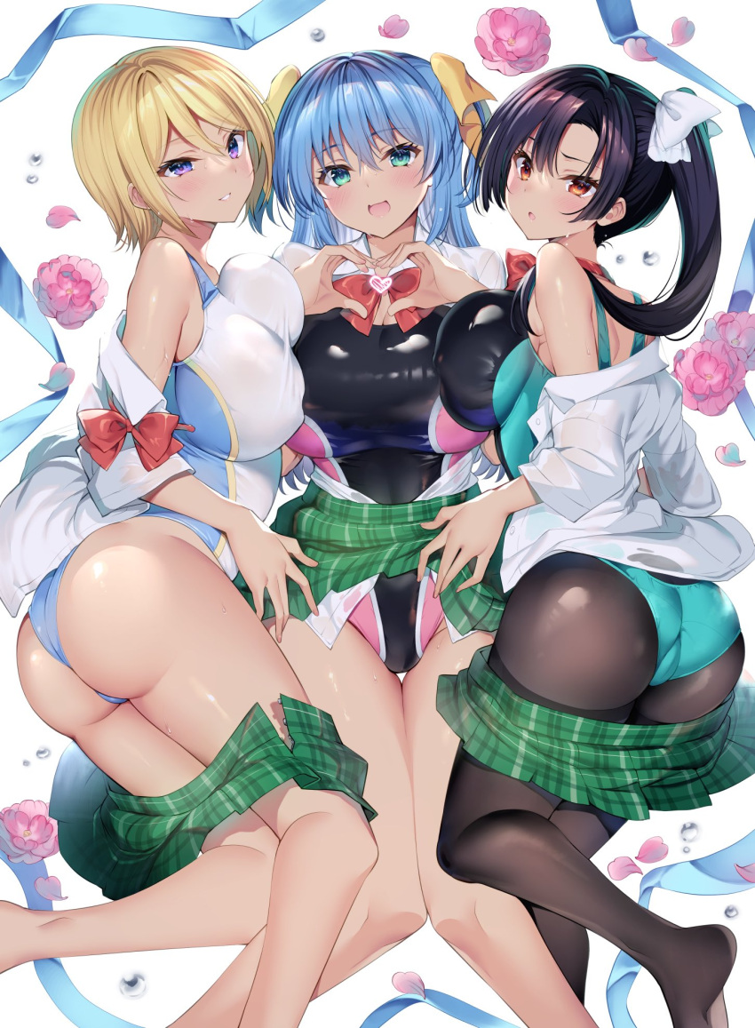 3girls aqua_eyes ass black_hair black_one-piece_swimsuit blonde_hair blue_hair blush breasts brown_eyes clothes_pull collared_shirt commentary_request competition_swimsuit flower gakkou_de_seishun! green_skirt hair_between_eyes hair_ribbon heart heart_hands highres kamino_saori kanzaki_ayane kuwahara_hazuki large_breasts long_hair looking_at_viewer multiple_girls one-piece_swimsuit pantyhose pantyhose_under_swimsuit parted_lips plaid plaid_skirt pleated_skirt purple_eyes ribbon rose sanshoku_amido school_uniform shirt short_hair side_ponytail simple_background skirt skirt_pull smile swimsuit thighs white_background white_one-piece_swimsuit white_shirt