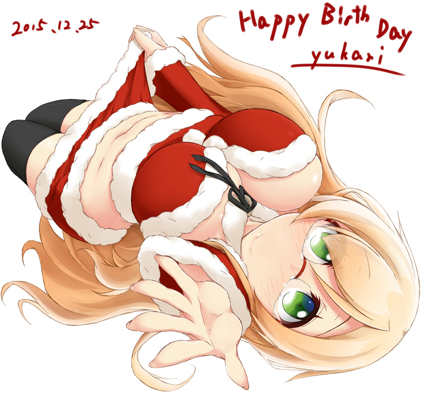 black_thighhighs blonde_hair breasts christmas cleavage closed_mouth clothes_lift commentary_request detached_sleeves female foreshortening futsuu_no_joshikousei_ga_locodol_yattemita glasses green_eyes happy_birthday highres hinata_masaki kohinata_yukari large_breasts long_hair lying midriff on_back outstretched_arm photoshop_(medium) santa_costume skirt skirt_lift smile solo thighhighs very_long_hair white_background